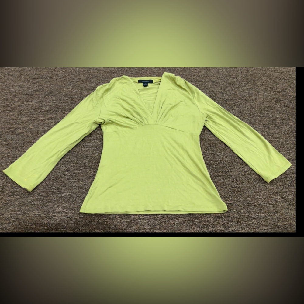 EUC Express S Lime Green Women's Top LS blouse v neck sexy career